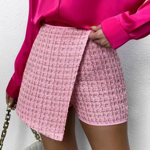 Pink Elegant Plaid Wrap Front Tweed Skort - Picture 4 of 5